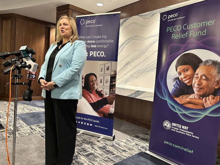 Nicole LeVine, Peco's chief operating officer, takes questions from reporters Tuesday about the contract negotiations and recently proposed rate hike.