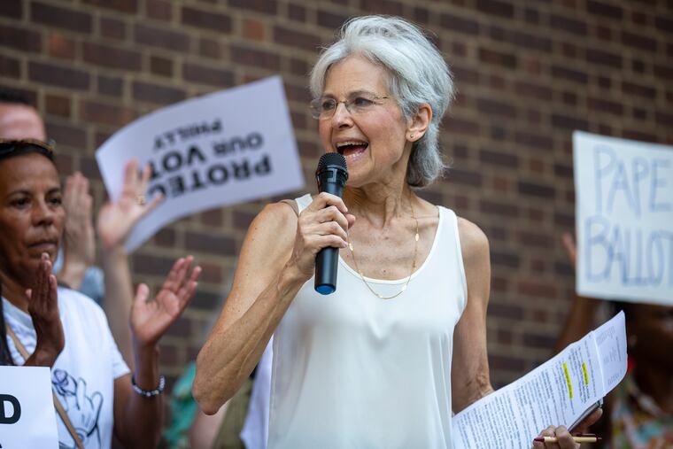 Jill Stein, the Green Party's candidate in 2016, at a rally threatening legal action over Philly's voting machines last year.