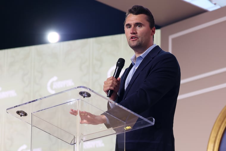 Charlie Kirk speaks during the Turning Point USA Young Women’s Leadership Summit in June in Grapevine, Texas. MUST CREDIT: Sam Hodde/For The Washington Post