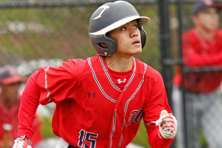 Moorestown Friends third baseman John Limjoco watches the fly ball he hit against Shipley during a Friends Schools League baseball semifinal Saturday, May 12, 2018, at Shipley. The host Gators went on to win, 11-0, in five innings. LOU RABITO / Staff