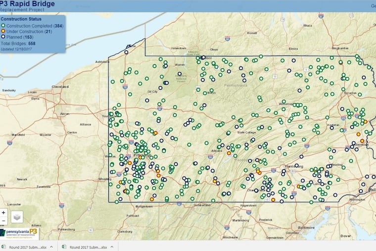 Map of Pennsylvania's Rapid Bridge Replacement Project. All 558 bridges were to be "substantially completed" by the end of 2017, but around 168 are still in the planning stage.