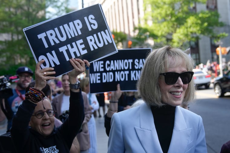 E. Jean Carroll leaves federal court in New York on Monday. A jury found Donald Trump liable for sexually abusing the advice columnist in 1996, awarding her $5 million in a judgment that could haunt the former president as he campaigns to regain the White House.