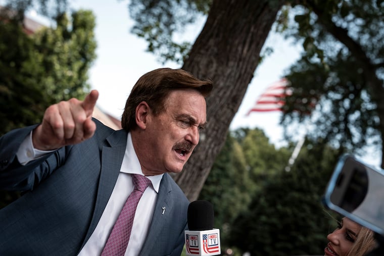 The MyPillow founder Mike Lindell records an episode of his internet show Lindell TV outside the White House on Thursday, July 24, 2025. Lindell, a leader of the election denial movement who was endorsed by President Donald Trump for Minnesota governor in July 2026, has acknowledged that he is not registered to vote in the state.