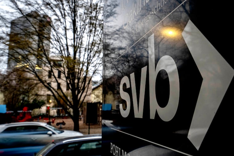 A sign of a branch of the Silicon Valley Bank is pictured at an office building where the bank is located in Frankfurt, Germany on Monday.