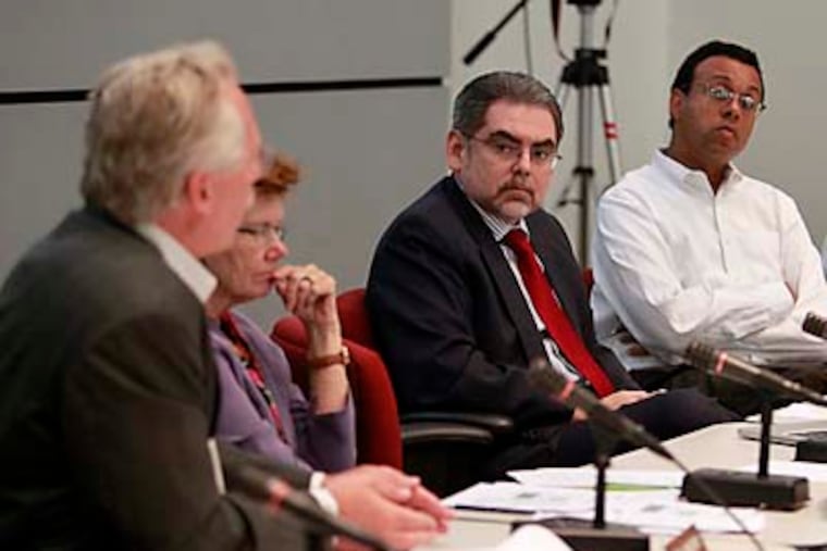 School Reform Commission members, at the School District Administration on July 13, 2012. From left are Joseph Dworetzky, Feather Houstoun, Pedro Ramos and Wendell Pritchett. (AKIRA SUWA / Staff Photographer )