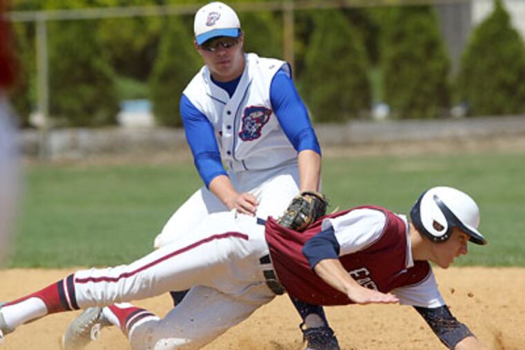 Matt Long of Washington Twp. tags out Tom Flacco of Eastern High School. (Charles Fox/Staff Photographer)