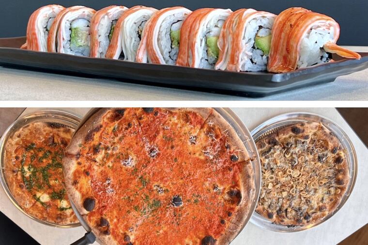 A sushi roll and assorted pizzas from Pizzeria Maki, 45 W. Baltimore Pike, Glen Mills.