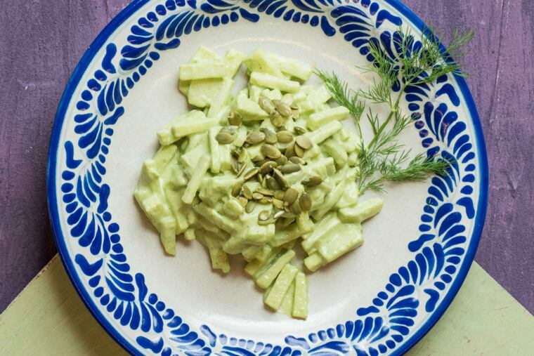 Jicama, apple and chayote salad with pepita-avocado dressing.