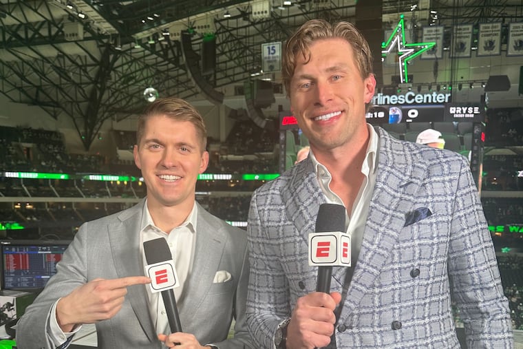 ESPN play-by-play announcer Mike Monaco and former Flyer Erik Johnson prepare for a broadcast.