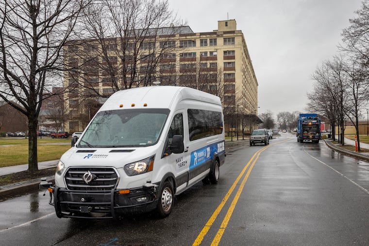 A Perrone Robotics van navigates the Navy Yard with driverless technology on Thursday. It is Pennsylvania's first automated vehicle (AV) shuttle.