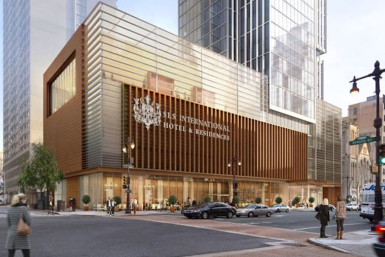 A rendering of part of Carl Dranoff's SLS International Hotel and Residences, a 47-story tower with 125 condos and 150 hotel rooms at Broad and Spruce streets. (KPF Associates)