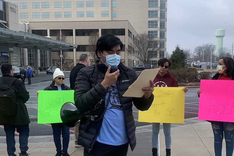 Armando Jimenez-Carbarin, a lead organizer for Make the Road Pennsylvania, speaks at a rally held Thursday outside of Lehigh Valley Health Network - Cedar Crest Hospital in Allentown, where immigration advocates sought to stop the "medical deportation" of a comatose woman to her Dominican Republic homeland. Demonstrators said the undocumented woman, known only as S.C., could die if taken away from care, and point out that the power to deport rests with the federal government, not hospitals.