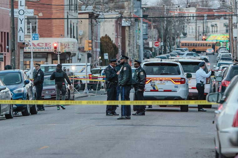 The scene on N. 60th Street in West Philadelphia, where Officer Giovanni Maysonet was shot during a vehicle investigation on Feb. 8.