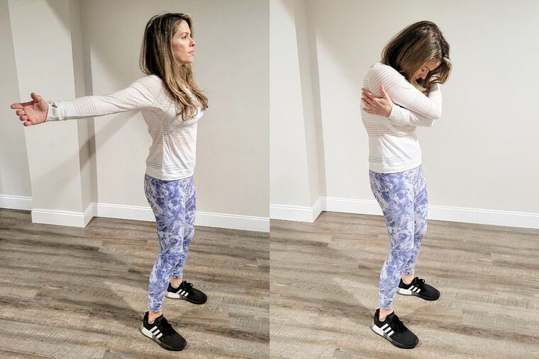 Ashley demonstrates the hug stretch.