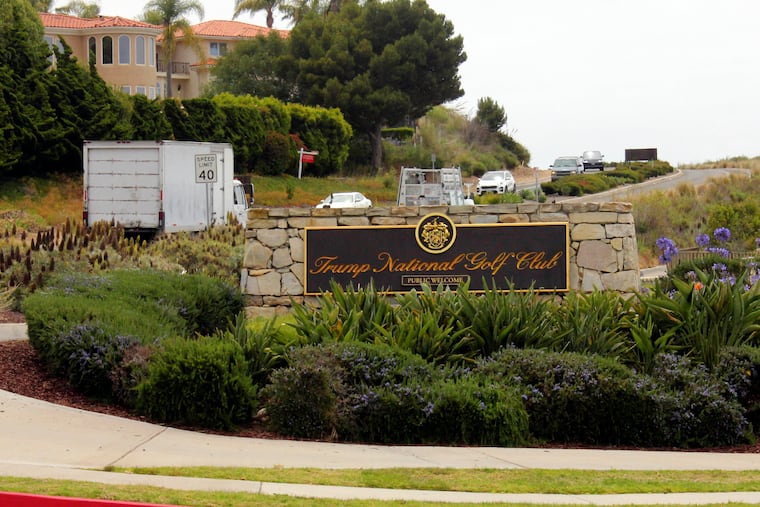 The entrance to Trump National Golf Club Los Angeles, in Rancho Palos Verdes, Calif., is seen in this photo, July 2, 2020. A man carrying ammunition was arrested there Sunday.