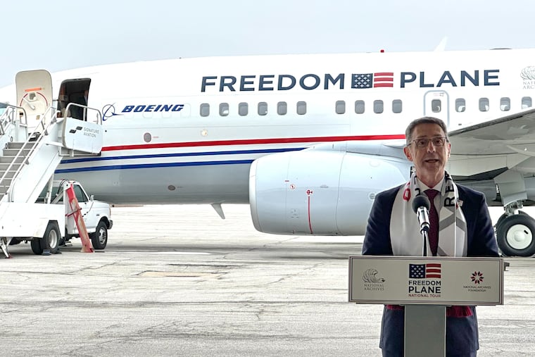 Matthew Naylor, President and CEO of the National WWI Museum and Memorial, speaks to the media after the "Freedom Plane" landed in Kansas City, Mo., Monday, March 2, 2026. (AP Photo/Nick Ingram)