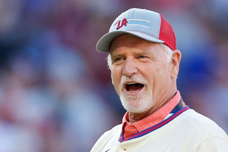 Phillies radio announcer Larry Andersen, seen here ahead of throwing the first pitch during the 2024 NLDS.