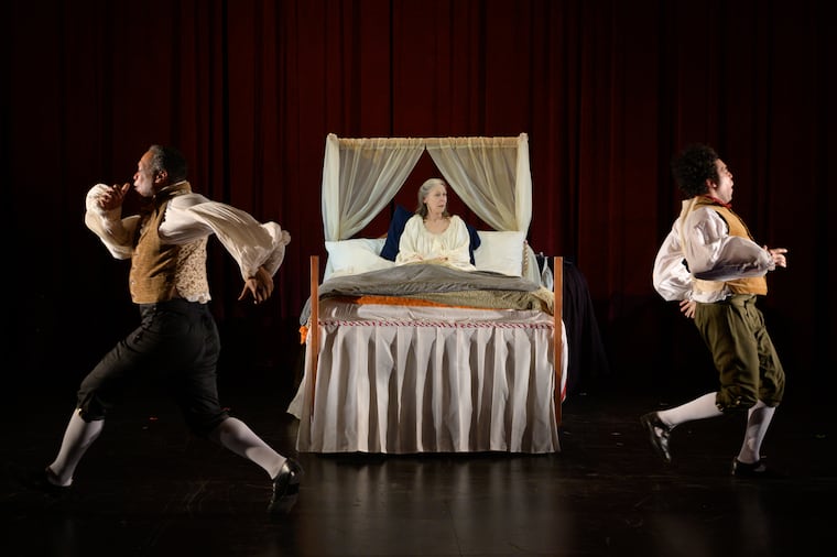 Steven Anthony Wright, Nancy Boykin, and Anthony Martinez Briggs in 'The Most Spectacularly Lamentable Trial of Miz Martha Washington,' running at the Wilma Theater through April 5.