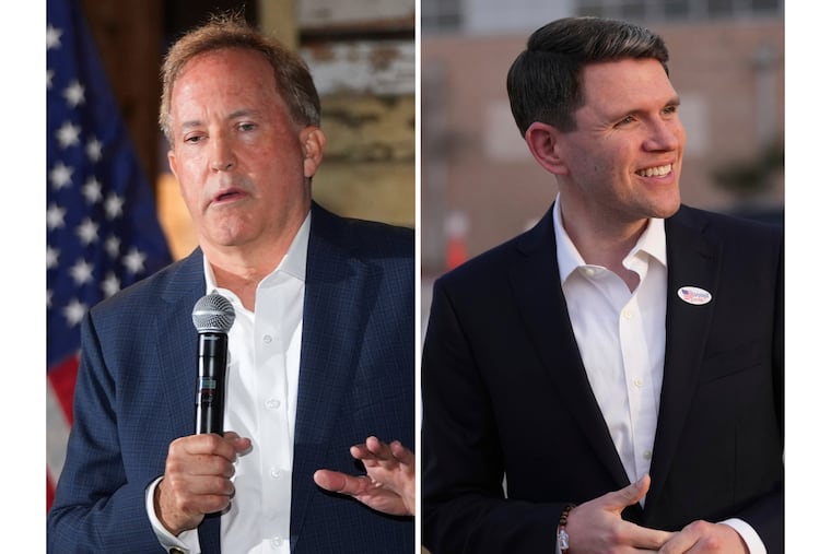 At left, Texas Attorney General Ken Paxton speaks in McKinney, Texas, May 19, 2026, and at right, Texas state Rep. James Talarico, after voting, in Austin, Texas, Feb. 17, 2026. Paxton's campaign has generated national attention for its focus on Talarico's sexuality.