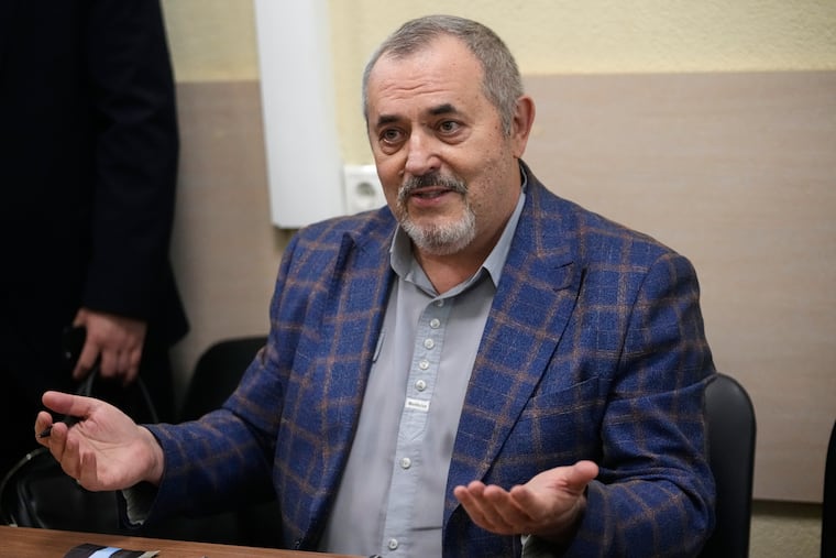 Russian politician Boris Nadezhdin, accused of displaying "extremist symbols," speaks at the courtroom in the town of Dolgoprudny outside Moscow on July 17.