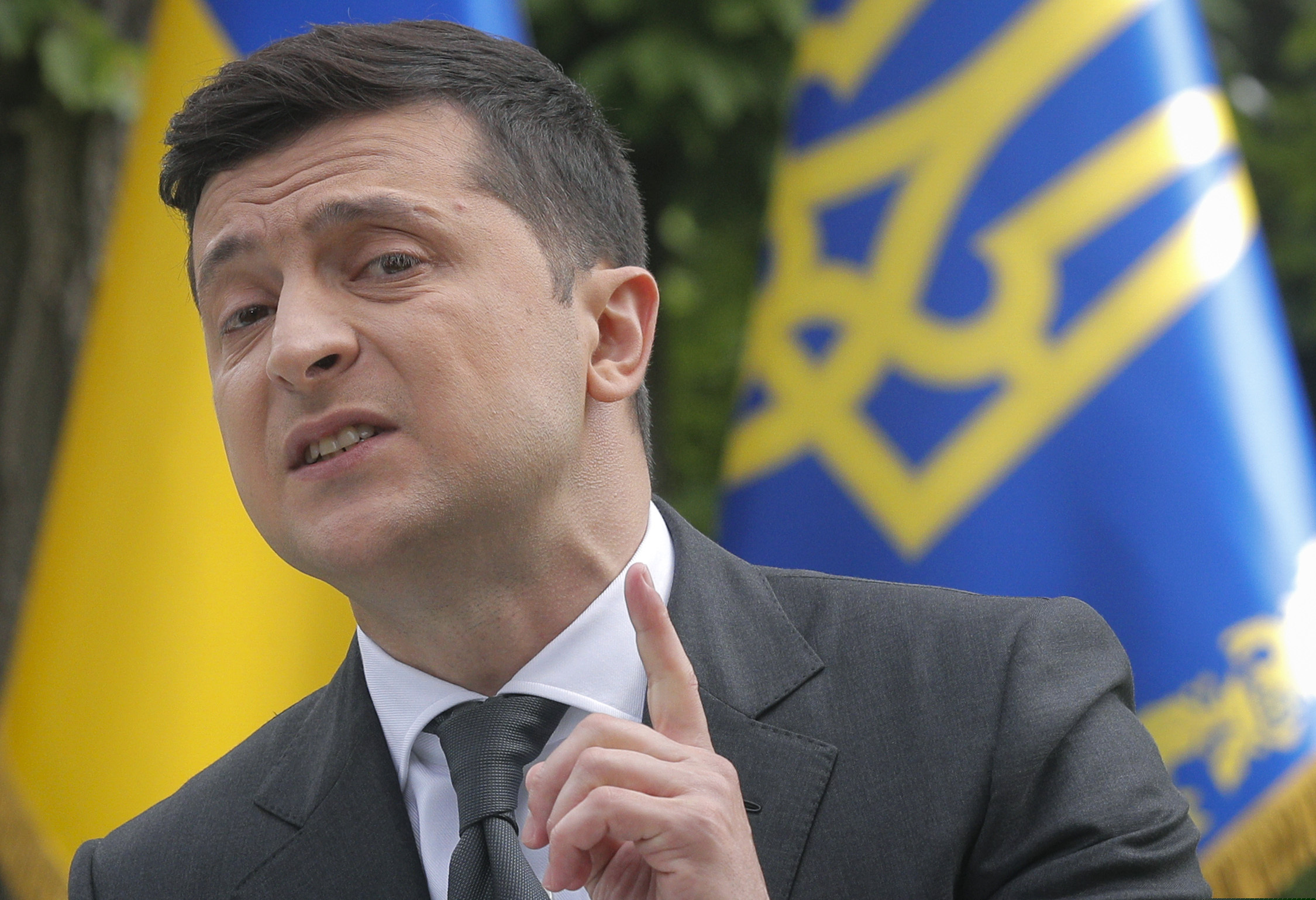 Ukraine's President Volodymyr Zelenskiy speaks to the media during a news conference in Kyiv, Ukraine, Wednesday, May 20, 2020. At the press conference marking Zelenskiy's one year in office, the president answered questions about domestic affairs, foreign policy and his main achievements.