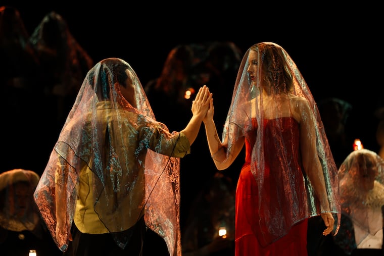 Susanne Burgess and Jonghyun Park perform as Thorn Rose and The Stranger during a dress rehearsal of "Sleepers Awake" at the Academy of Music on April 18, 2026.