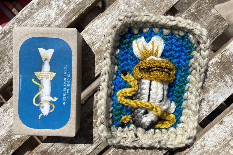 Chef Kiki Aranita has been creating fiber art since closing her restaurant, Poi Dog, due to the pandemic. Much of her art is inspired by food, including this Jose Gourmet tin of imported mackerel.