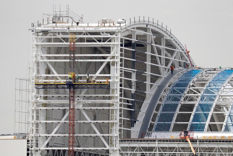 A general view of the construction site of the American Dream mall in East Rutherford, Thursday, April 25, 2019, seen from Secaucus, N.J. (AP Photo/Julio Cortez)