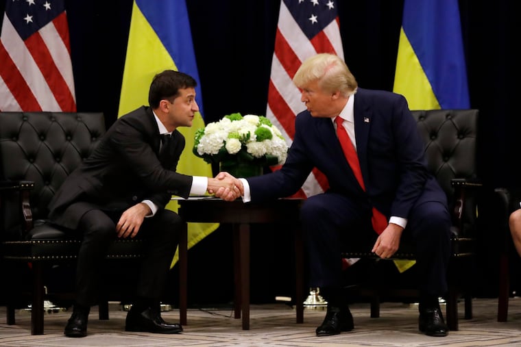 In this Wednesday, Sept. 25, 2019 file photo, President Donald Trump meets with Ukrainian President Volodymyr Zelenskiy at the InterContinental Barclay New York hotel during the United Nations General Assembly in New York.