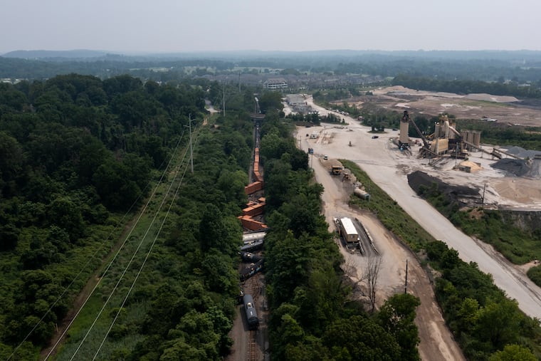 The scene of a train derailment in Whitemarsh Township, Pa., on Monday, July 17, 2023.