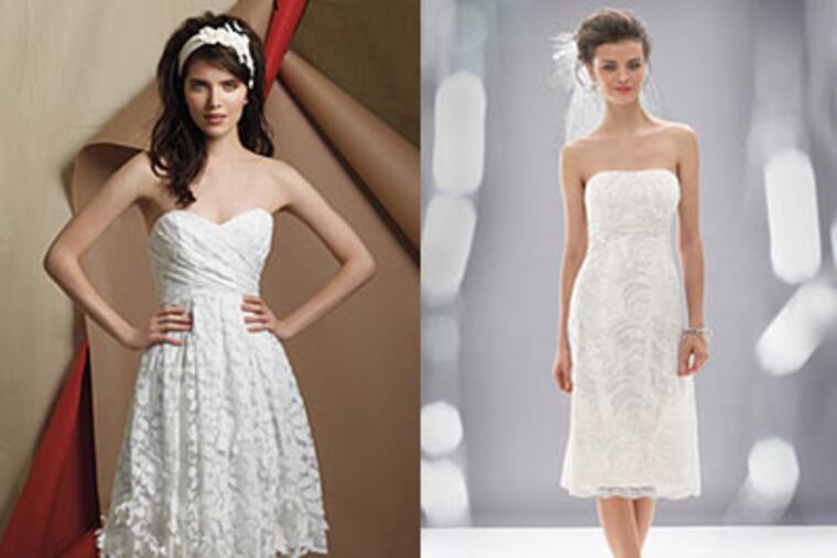 Left: White cotton daisy lace strapless dress with embroidered daisy flowers at hem. Right: Ivory sequin lace strapless tea-length with draped neckline. Both from Watters & Watters.