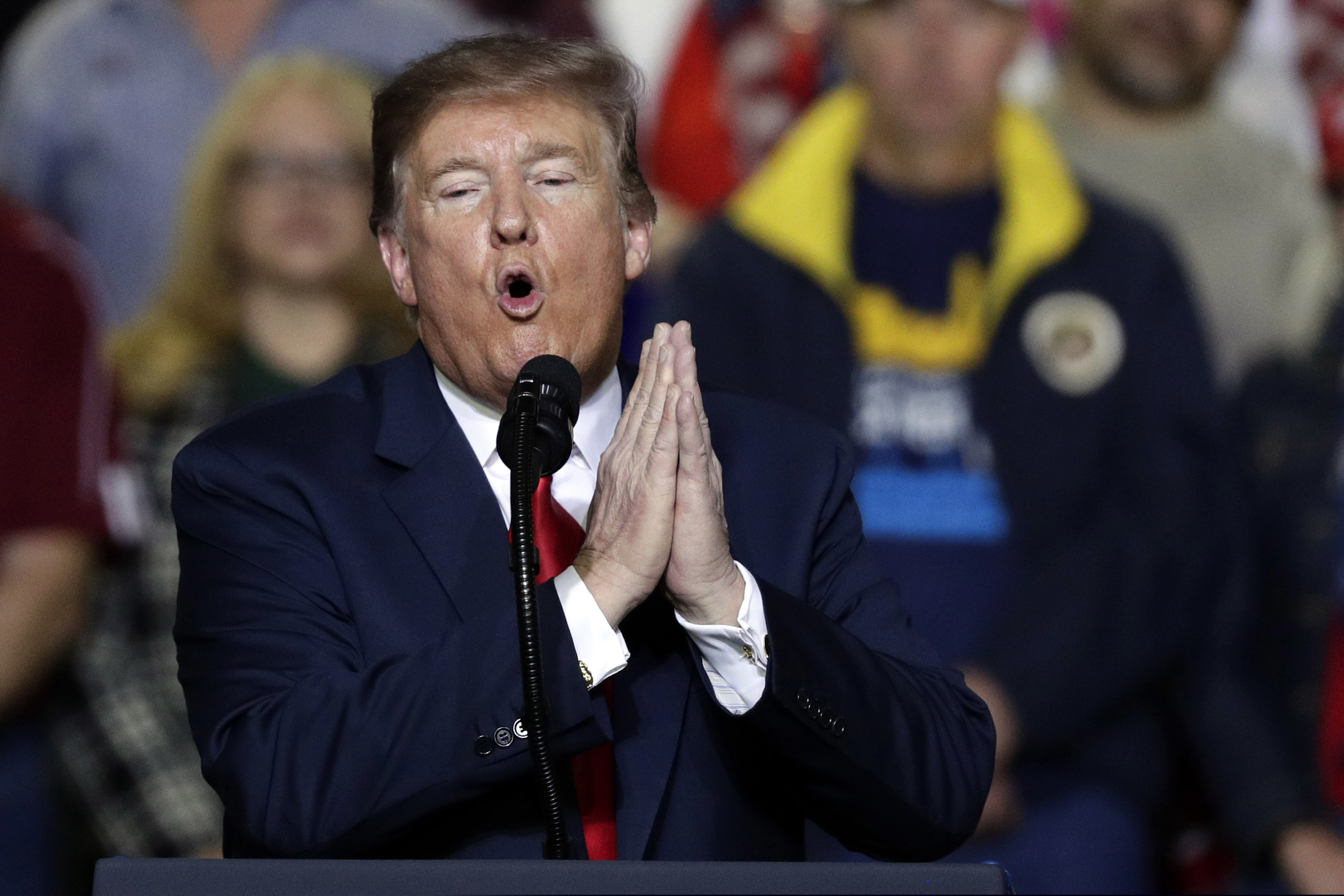 In this Feb. 11, 2019, photo, President Donald Trump speaks during a rally at the El Paso County Coliseum in El Paso, Texas. In tweets, public remarks and private conversations, Trump is making clear he is closely following the campaign to challenge him on the ballot next November. Facing no serious primary opponent of his own, at least so far, Trump is establishing himself as an active participant in the Democratic Party’s nominating process.