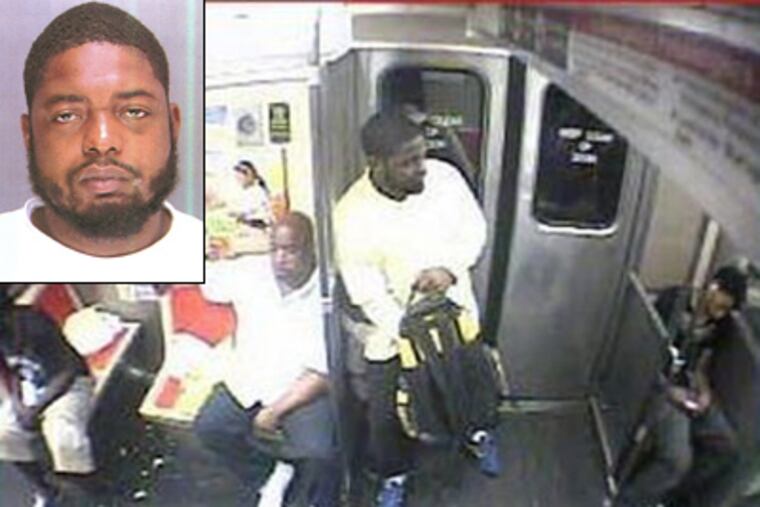 Thomas Scantling (inset) pleaded guilty to beating a man on a SEPTA subway train with a hammer. This surveillance image shows the scene just before the attack.
