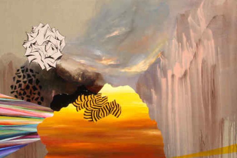 At Pentimenti Gallery, Jackie Tileston's painting "El Dorado Depot" (2009), cranks up her earlier kaleidoscopic vision.