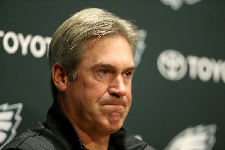 Eagles head coach Doug Pederson pauses during a news conference at the NovaCare complex in Philadelphia, PA on December 11, 2017. He announced quarterback Carson Wentz has a torn ACL.