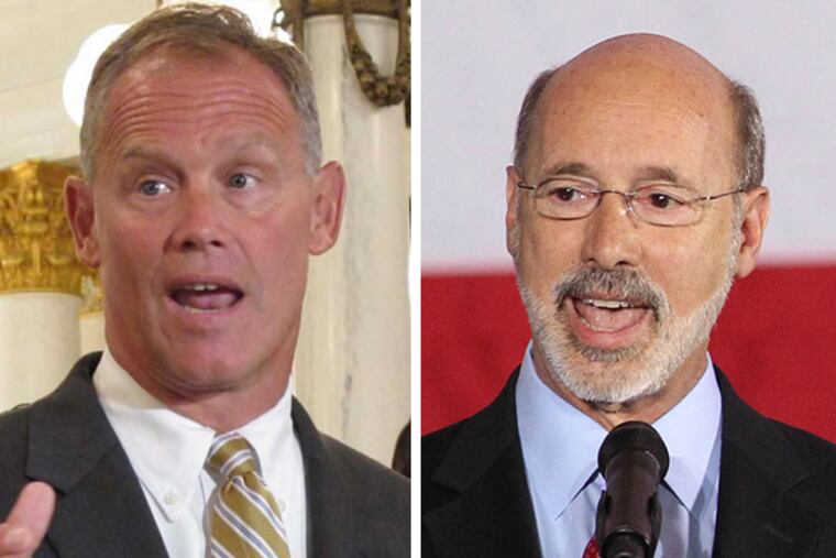 House Speaker Mike Turzai (R., Allegheny), who helps control which bills go to a floor vote, adamantly opposes Gov. Tom Wolf's (right) proposed drilling tax.