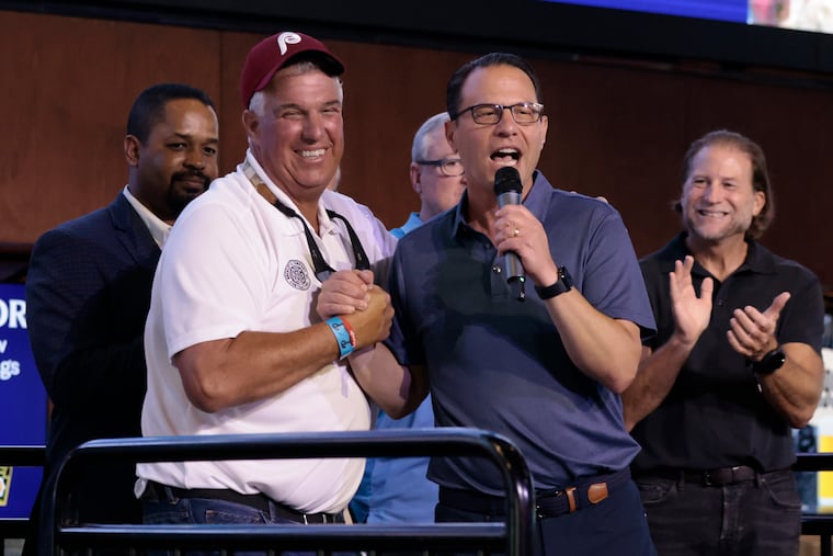 Buckley & Company Inc. President Rob Buckley (left) and Pennsylvania Governor Josh Shapiro after the Governor praised Buckley & Company during the appreciation event, for the I-95 workers, at Xfinity Live! Philadelphia on June 25.