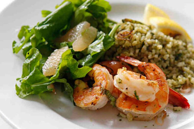 Lemon shrimp, pesto brown rice with arugula and grapefruit salad (Akira Suwa / Staff Photographer )