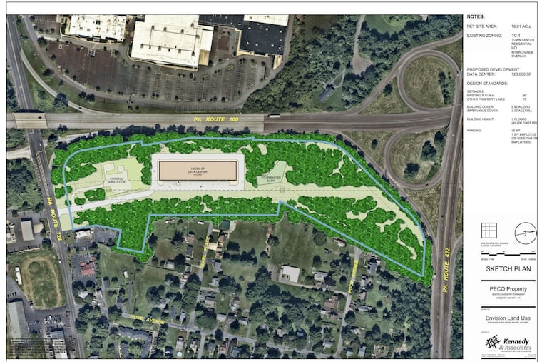 A proposed data center, as shown in the sketch plan, was rejected by North Coventry's board of supervisors earlier this week. Developers called it a "boutique" center that would have been smaller than recent proposed data centers in Chester County.