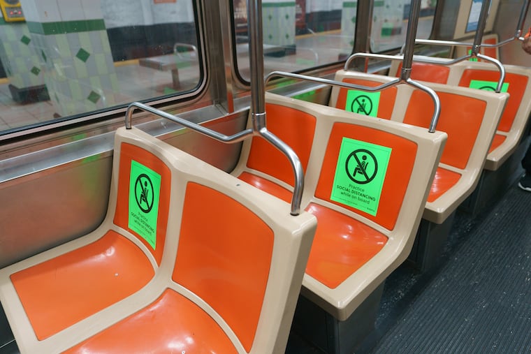 SEPTA has implemented social distancing measures on the subways, with green stickers on the seats helping with spacing. The transit agency estimates it is losing $1 million a day because of the pandemic's impact on ridership.
