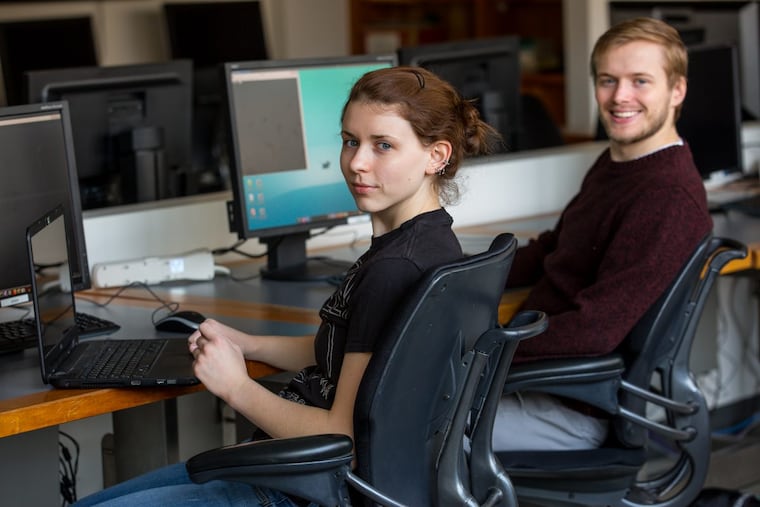 "There's going to be so many options after you graduate," says Leah Brumgard, in a computer lab at Swarthmore with Jeff Novak.