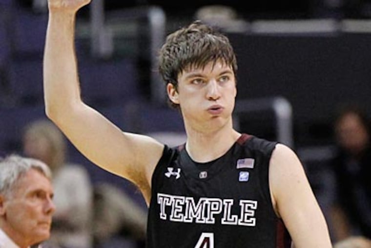 Temple's Juan Fernandez (4) celebrates after Temple defeated Maryland 64-61. (Luis M. Alvarez/AP Photo)