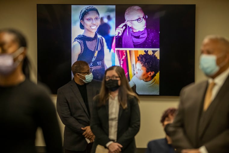 Pictures of Kierra Johnson fill the screen during the District Attorney's Office weekly update held at the Community of Compassion CDC in Philadelphia, Pa. on Monday, February 14, 2022. The District Attorney's Office announced the conviction of a man found guilty in the killing of 21-year-old Kierra Johnson in Cobbs Creek in 2017.