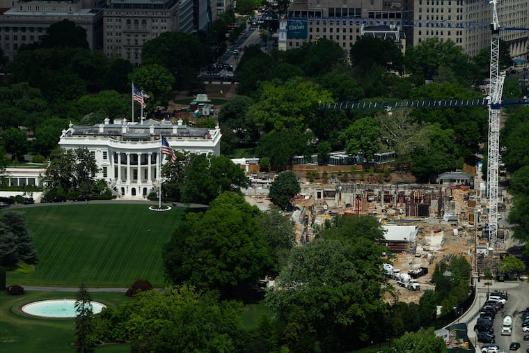 Construction on the new White House ballroom can be seen from the Washington Monument on Monday.