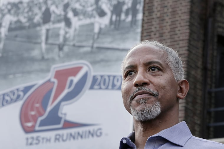 Penn Relays alum Renaldo Nehemiah after the press conference marking the one-week countdown of the running of the 125th Penn Relays at University of Penn’s Franklin Field in Phila., Pa. on April18, 2019.
