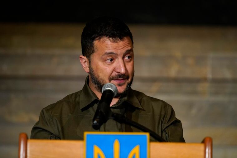 Ukrainian President Volodymyr Zelensky speaks at the National Archives in Washington, D.C., on Thursday after three grueling days of pleading his country's case before U.S. and world leaders.