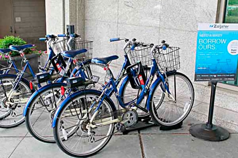Bicycle rental rack at the Hyatt Regency in Penn's Landing. ( AKIRA SUWA / Staff Photographer )