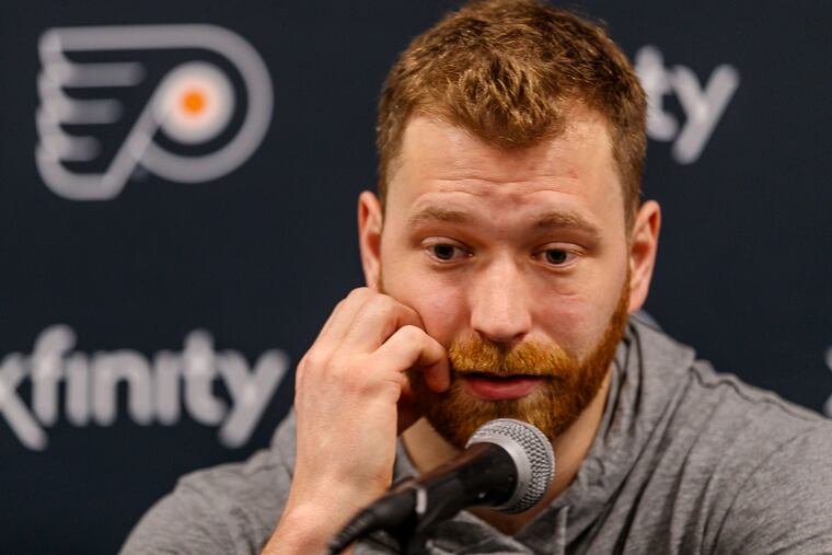 Captain Claude Giroux answers questions about the team's future Sunday at the Flyers' practice facility in Voorhees.