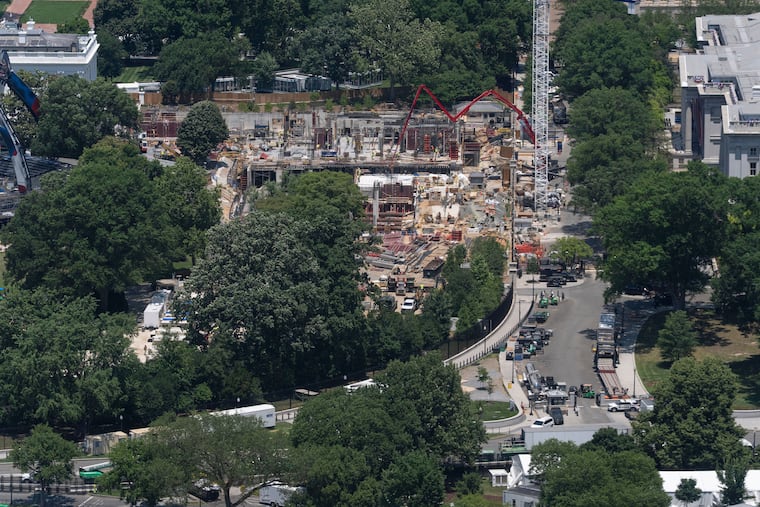 Construction continues on the new White House ballroom, as seen from the Washington Monument, Wednesday, June 17, 2026, in Washington.