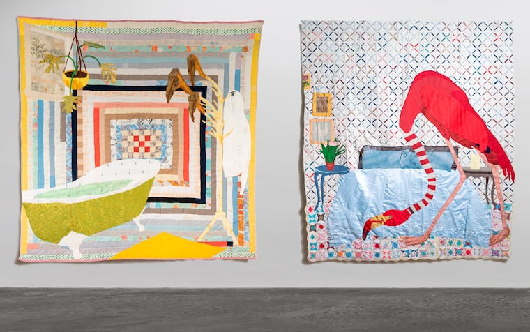 Jesse Krimes. Installation view from left
to right: "Arrowhead," 2021; "Redwing," 2021. © Jesse Krimes.
